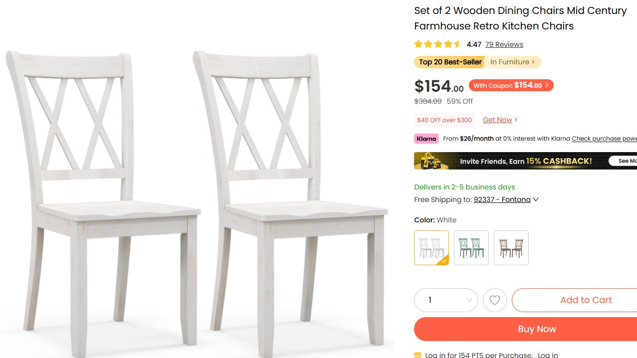 Set of 2 Wooden Dining Chairs Mid Century Farmhouse Retro Kitchen Chairs