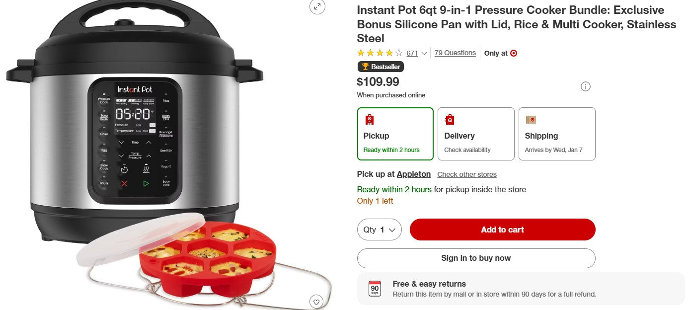Instant Pot 6qt 9-in-1 Pressure Cooker Bundle: Exclusive Bonus Silicone Pan with Lid, Rice & Multi Cooker