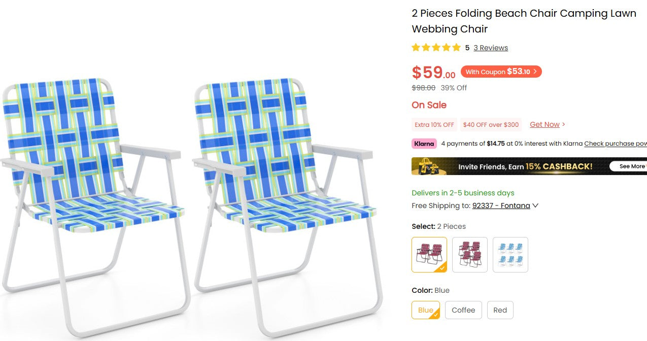 2 Pieces Folding Beach Chair Camping Lawn Webbing Chair