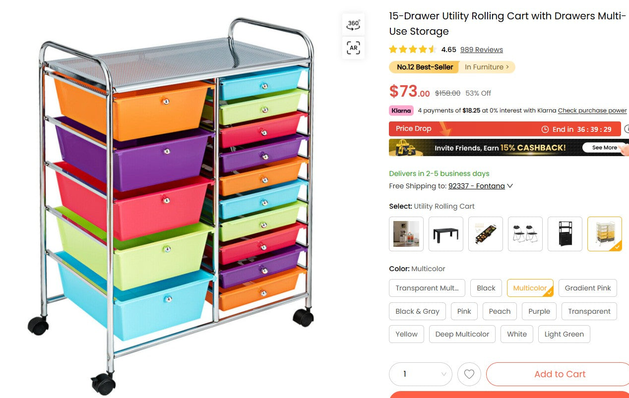 15-Drawer Utility Rolling Cart with Drawers Multi-Use Storage