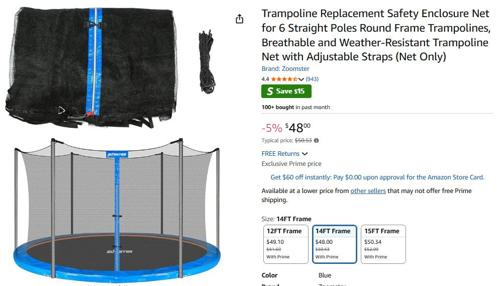 Trampoline Replacement Safety Enclosure Net for 6 Straight Poles Round Frame Trampolines