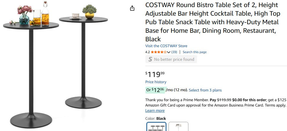 COSTWAY Round Bistro Table Set of 2, Height Adjustable Bar Height Cocktail Table