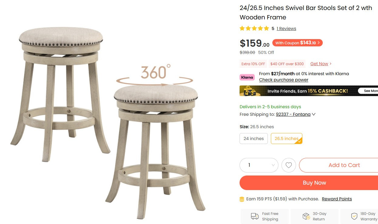 26.5 Inches Swivel Bar Stools Set of 2 wth Wooden Frame