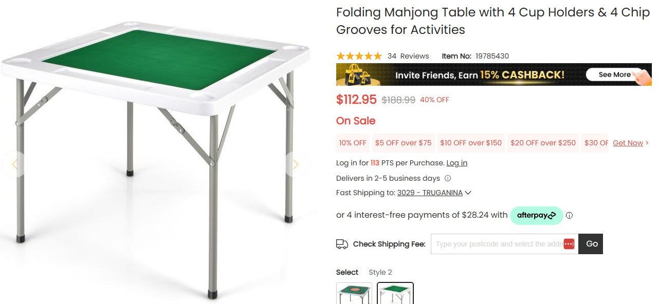 Folding Mahjong Table with 4 Cup Holders & 4 Chip Grooves for Activities