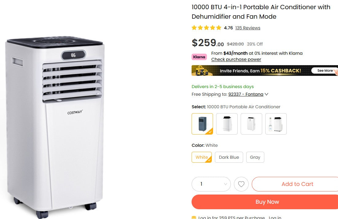 10000 BTU 4-in-1 Portable Air Conditioner with Dehumidifier and Fan Mode