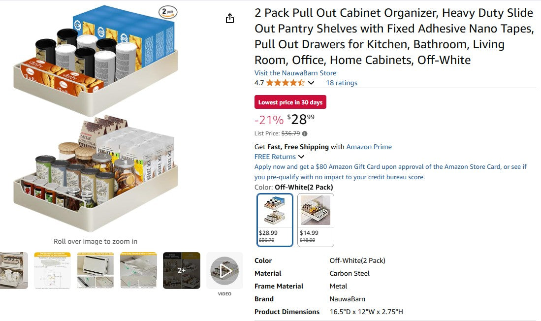 2 Pack Pull Out Cabinet Organizer, Heavy Duty Slide Out Pantry Shelves with Fixed Adhesive Nano Tapes