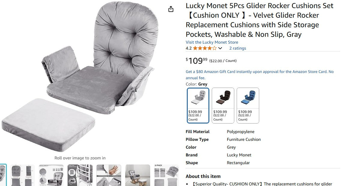Lucky Monet 5Pcs Glider Rocker Cushions Set【Cushion ONLY 】- Velvet Glider Rocker Replacement Cushions