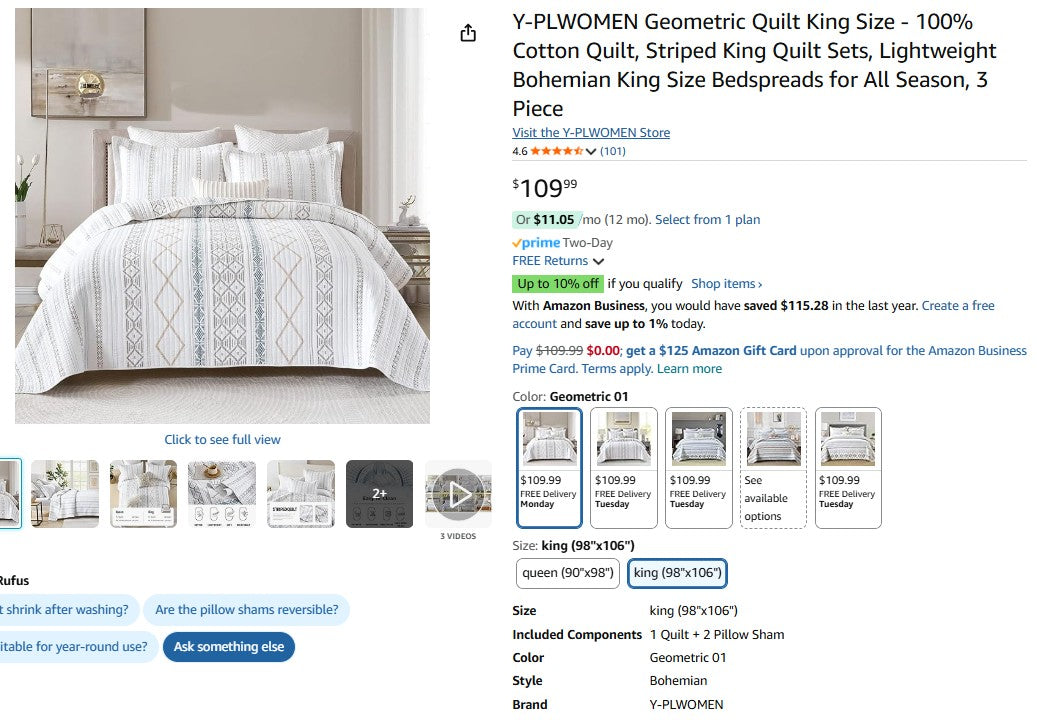 Y-PLWOMEN Geometric Quilt King Size - 100% Cotton Quilt, Striped King Quilt Set