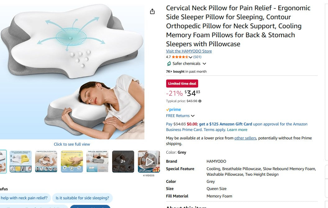 HamYodo Cervical Neck Pillow for Pain Relief - Ergonomic Side Sleeper Pillow for Sleeping