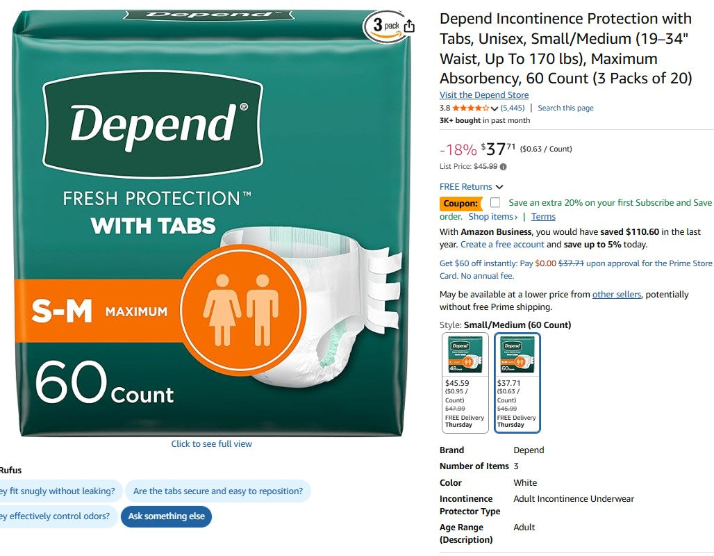 Depend Incontinence Protection with Tabs, Unisex, Small/Medium (19–34" Waist