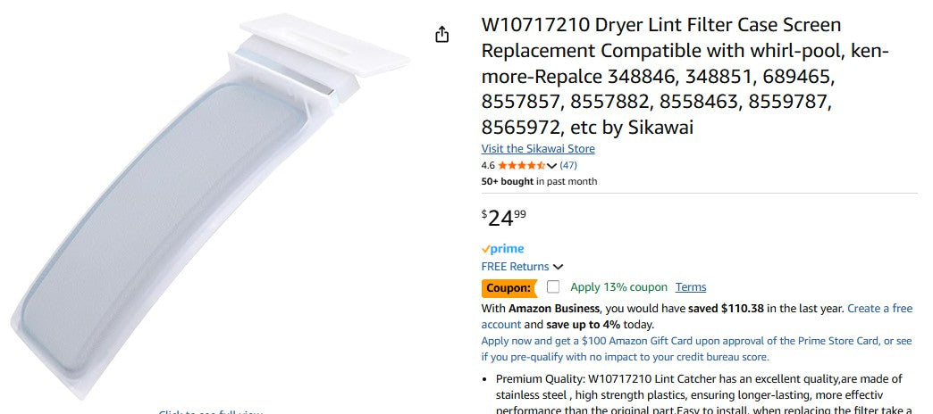 W10717210 Dryer Lint Filter Case Screen Replacement