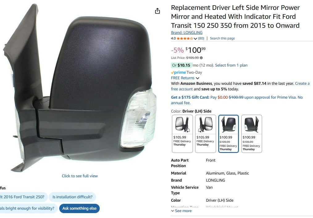 Replacement Driver Left Side Mirror Power Mirror and Heated With Indicator Fit Ford Transit 150 250 350 from 2015 to Onward