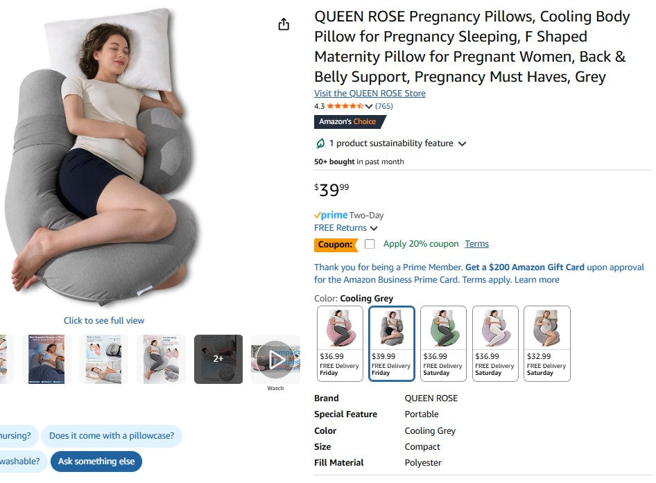 QUEEN ROSE Pregnancy Pillows, Cooling Body Pillow for Pregnancy Sleeping