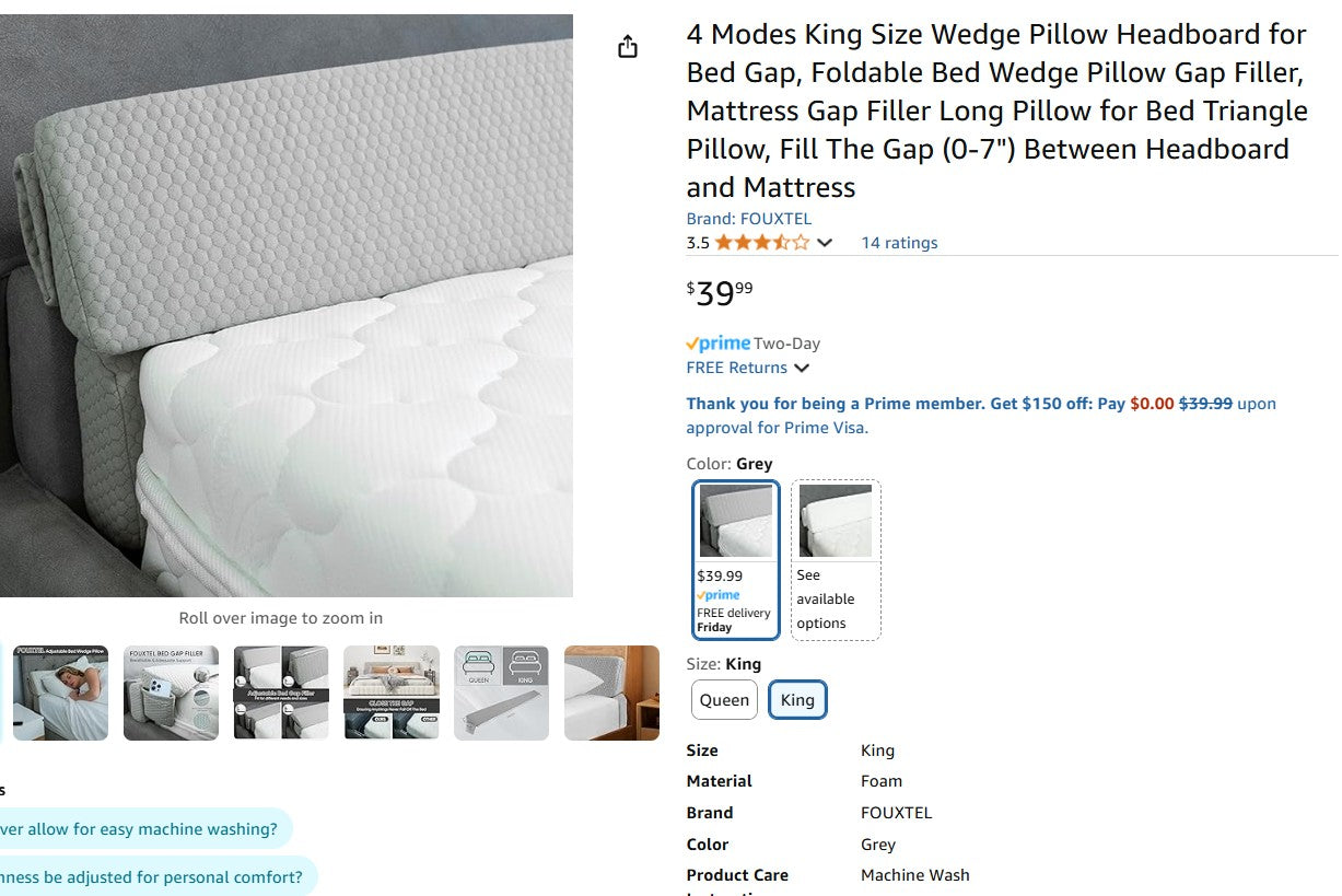 4 Modes King Size Wedge Pillow Headboard for Bed Gap, Foldable Bed Wedge Pillow Gap