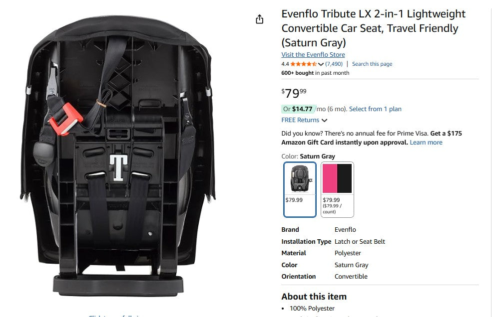 Evenflo Tribute LX 2-in-1 Lightweight Convertible Car Seat, Travel Friendly (Saturn Gray)