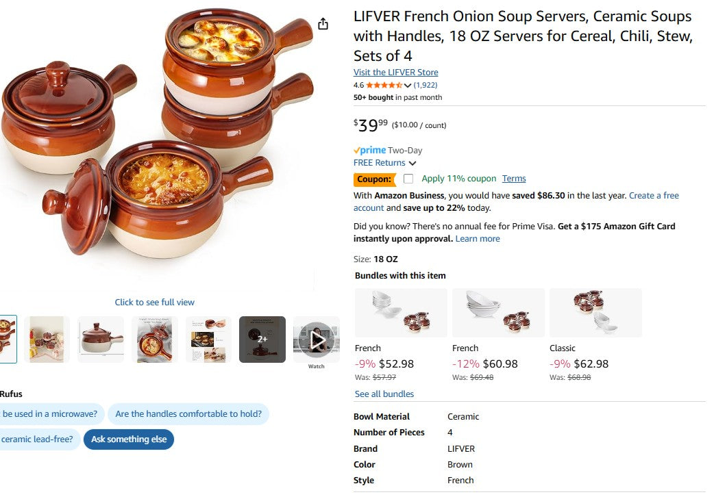 LIFVER French Onion Soup Servers, Ceramic Soups with Handles, 18 OZ Servers for Cereal, Chili, Stew, Sets of 4