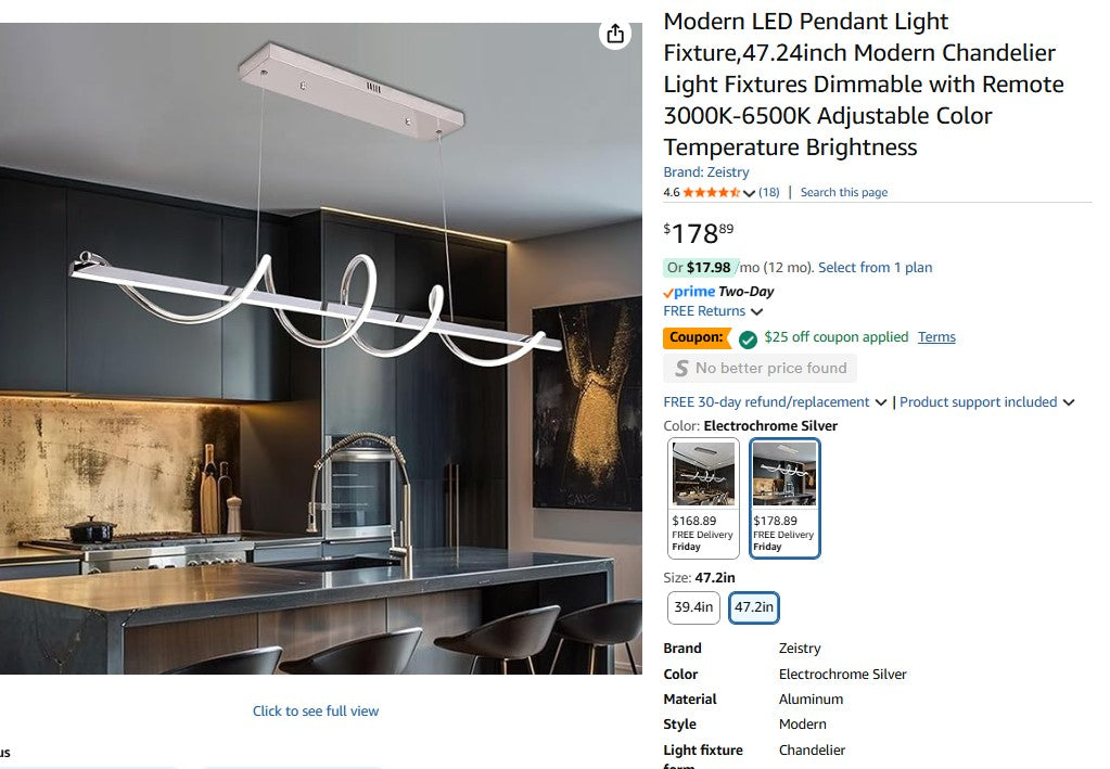 Modern LED Pendant Light Fixture, 47.24inch Light Fixtures Dimmable w/ Remote 3000K-6500K