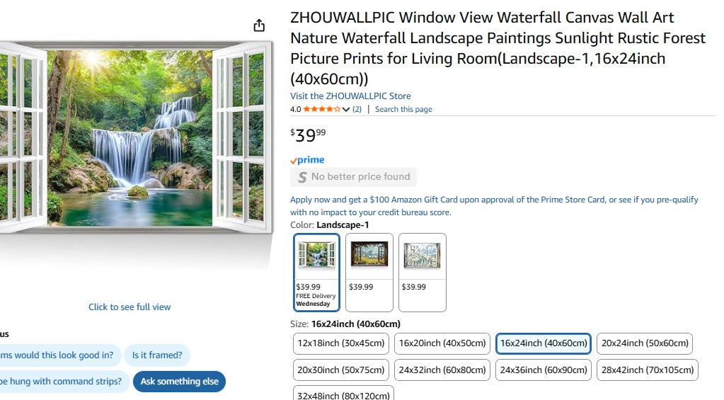 ZHOUWALLPIC Window View Waterfall Canvas Wall Art Nature Waterfall Landscape Paintings