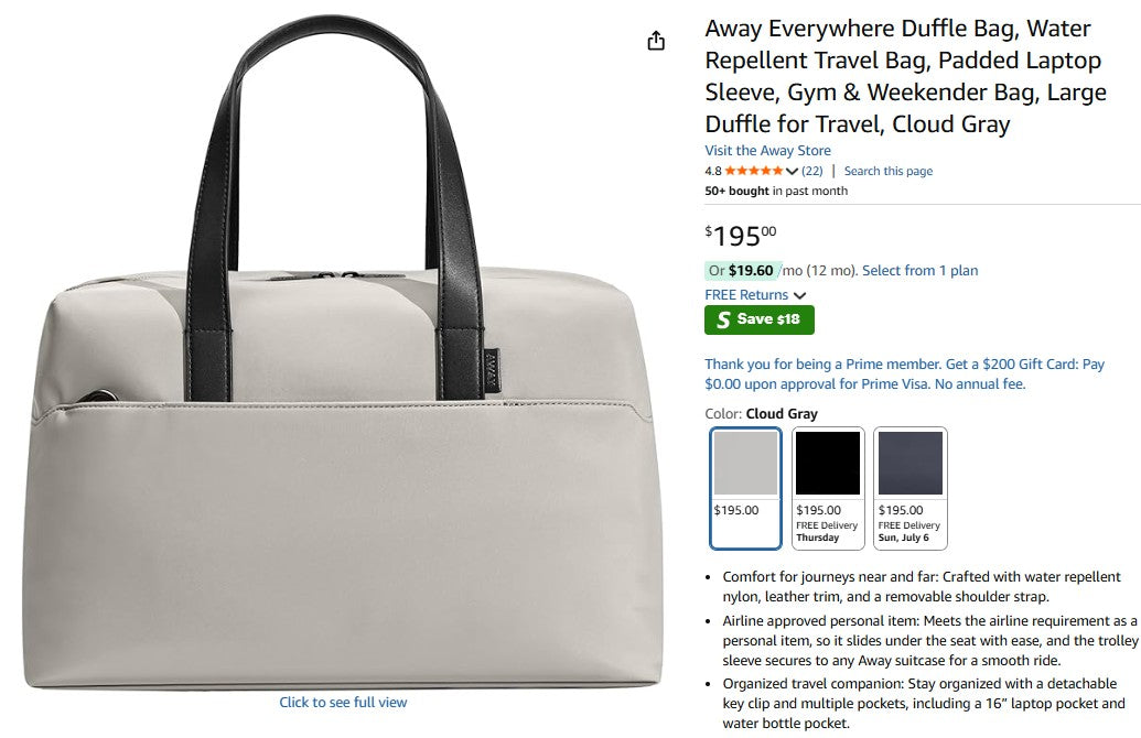 Away Everywhere Duffle Bag, Water Repellent Travel Bag, Padded Laptop Sleeve