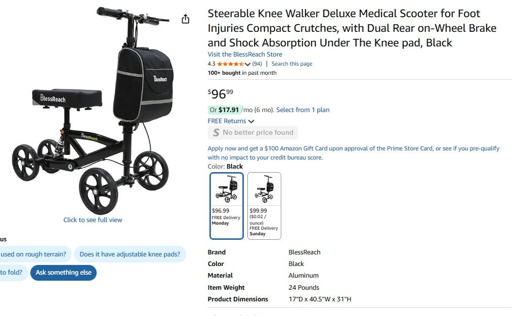 Steerable Knee Walker Deluxe Medical Scooter for Foot Injuries Compact Crutches