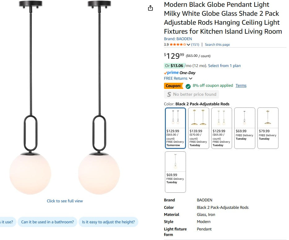 Modern Black Globe Pendant Light Milky White Globe Glass Shade 2 Pack Adjustable