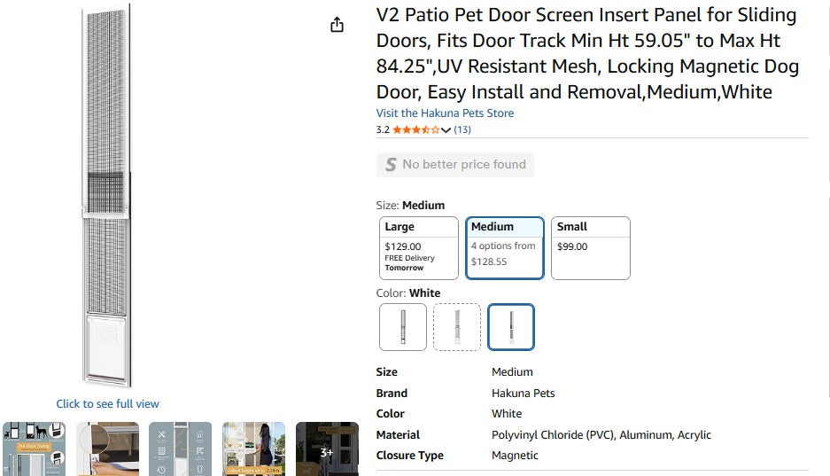 V2 Patio Pet Door Screen Insert Panel for Sliding Doors, Fits Door Track Min Ht 59.05" to Max Ht 84.25"