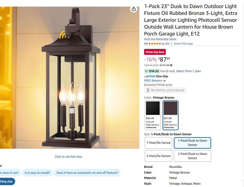 1-Pack 23” Dusk to Dawn Outdoor Light Fixture Oil Rubbed Bronze 3-Light