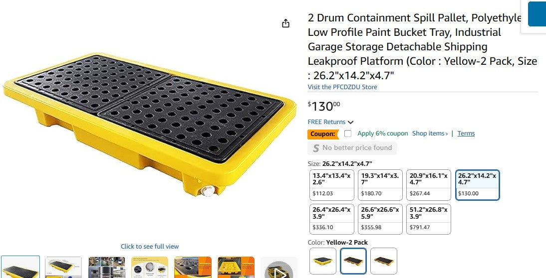2 Drum Containment Spill Pallet, Polyethylene Low Profile Paint Bucket Tray