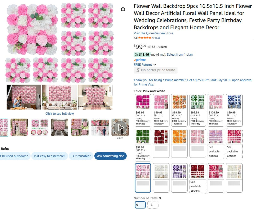 Flower Wall Backdrop 9pcs 16.5x16.5 Inch Flower Wall Decor Artificial Floral Wall Panel