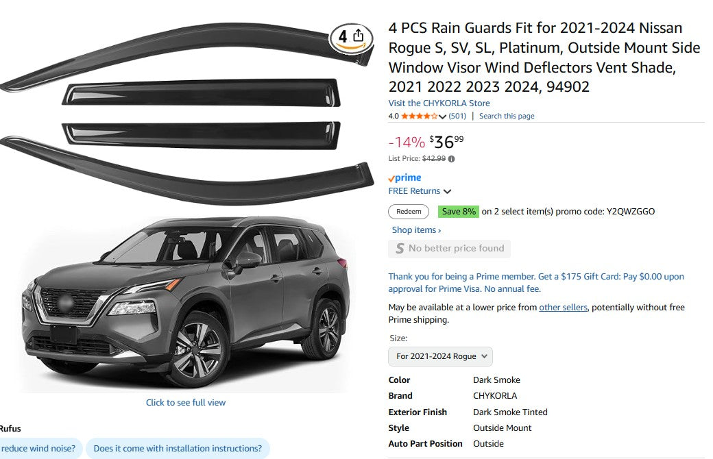 4 PCS Rain Guards Fit for 2021-2024 Nissan Rogue S, SV, SL, Platinum