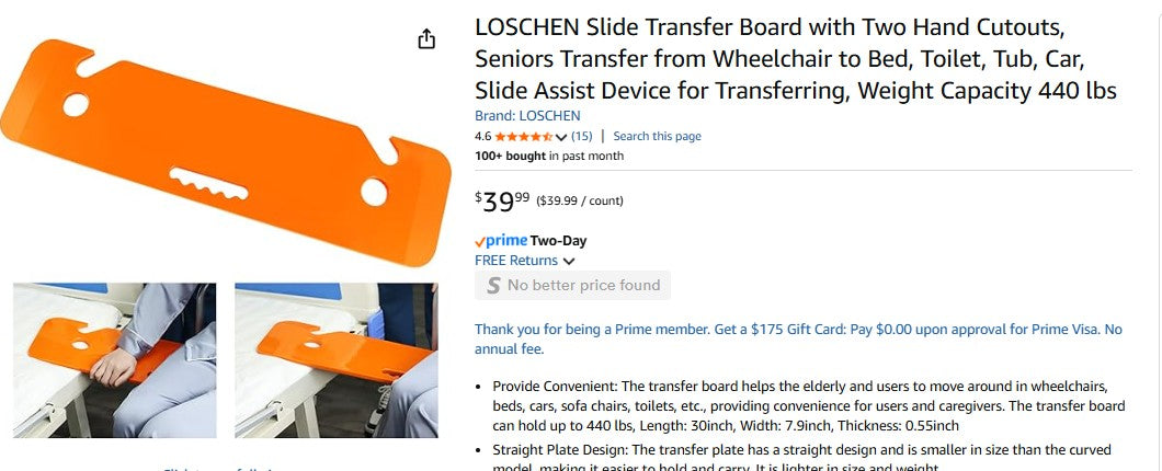 LOSCHEN Slide Transfer Board with Two Hand Cutouts, Seniors Transfer from Wheelchair to Bed