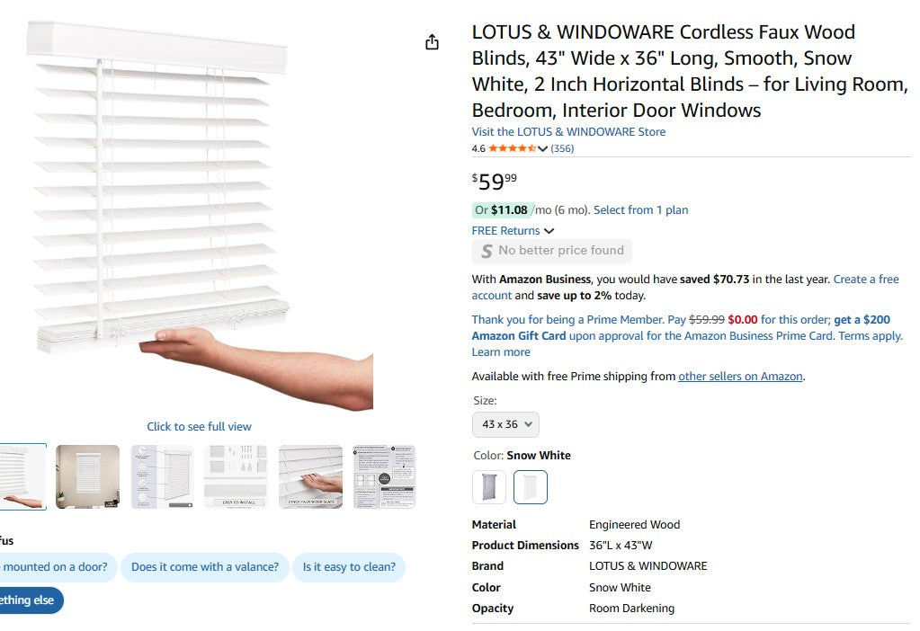 LOTUS & WINDOWARE Cordless Faux Wood Blinds, 43" Wide x 36" Long