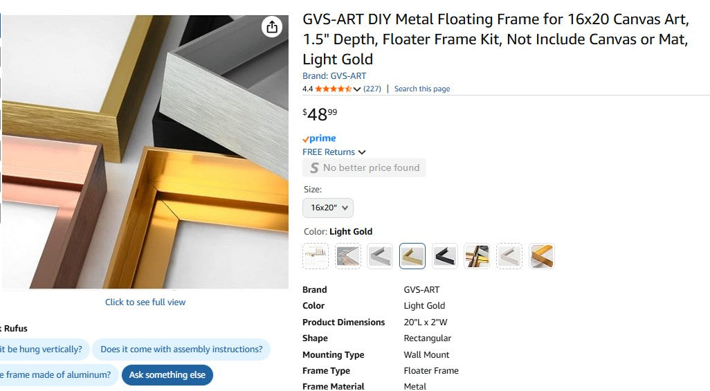 GVS-ART DIY Metal Floating Frame for 16x20 Canvas Art, 1.5" Depth