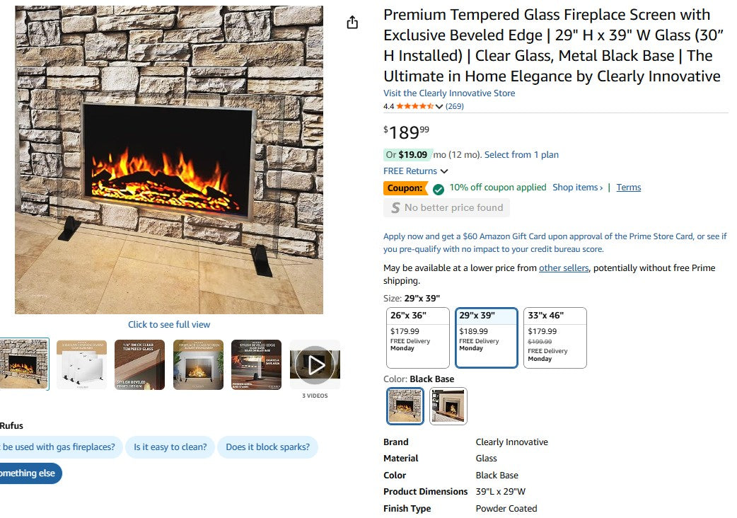 Premium Tempered Glass Fireplace Screen with Exclusive Beveled Edge | 29" H x 39" W