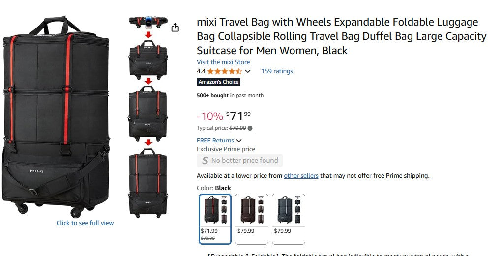 mixi Travel Bag with Wheels Expandable Foldable Luggage Bag Collapsible Rolling Travel Bag