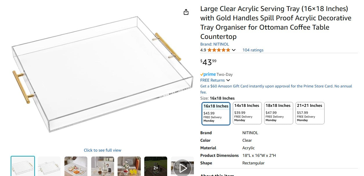 Large Clear Acrylic Serving Tray (16×18 Inches) with Gold Handles Spill Proof