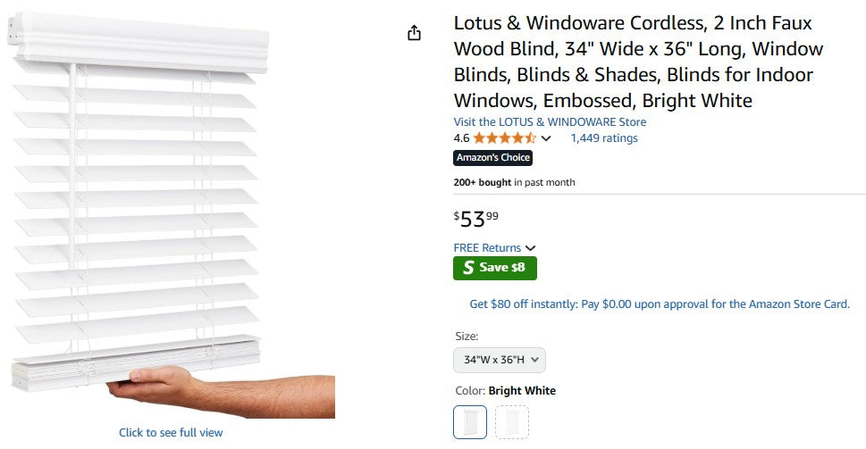 Lotus & Windoware Cordless, 2 Inch Faux Wood Blind, 34" Wide x 36" Long