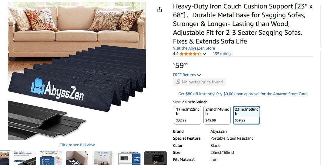 Heavy-Duty Iron Couch Cushion Support [23” x 68”]，Durable Metal Base for Sagging Sofas