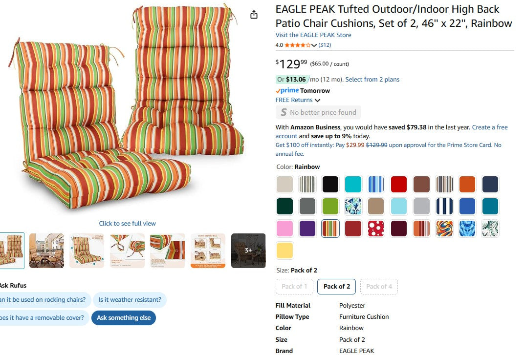 EAGLE PEAK Tufted Outdoor/Indoor High Back Patio Chair Cushions, Set of 2, 46'' x 22'', Rainbow