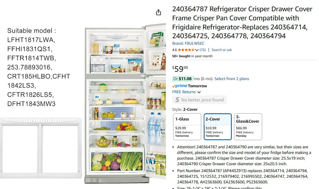 240364787 Refrigerator Crisper Drawer Cover Frame Crisper Pan Cover Compatible with Frigidaire Refrigerator