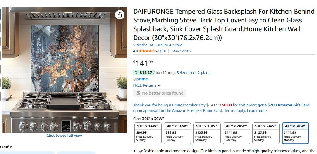 DAIFURONGE Tempered Glass Backsplash For Kitchen Behind Stove,Marbling (30"x30")