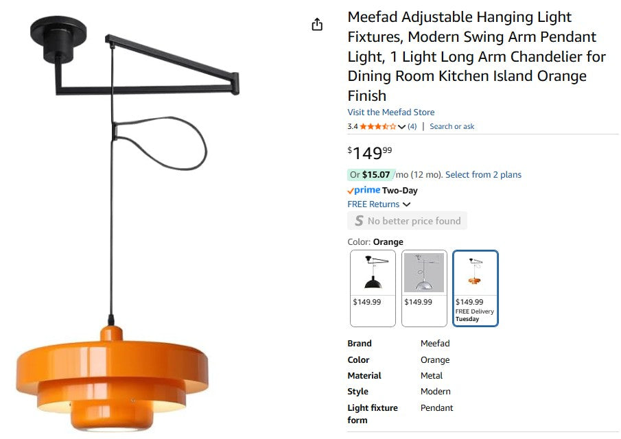 Meefad Adjustable Hanging Light Fixtures, Modern Swing Arm Pendant Light
