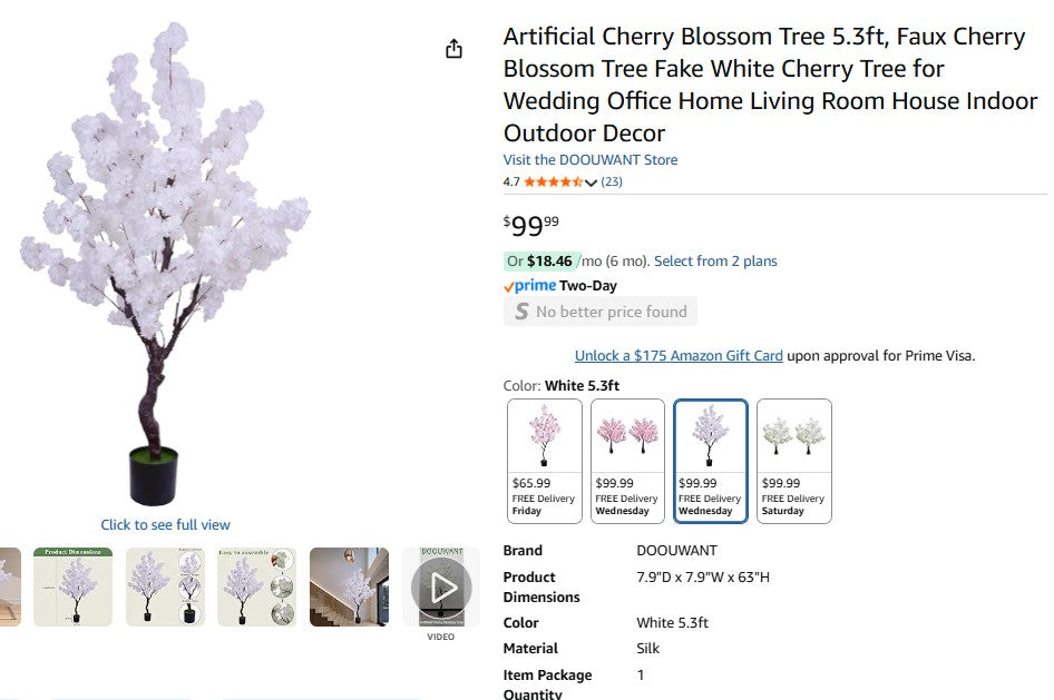 Artificial Cherry Blossom Tree 5.3ft, Faux Cherry Blossom Tree Fake White Cherry Tree