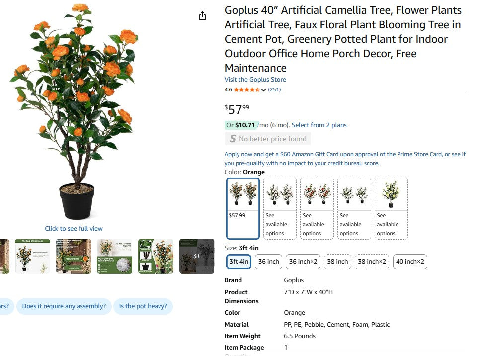 Goplus 40” Artificial Camellia Tree, Flower Plants Artificial Tree