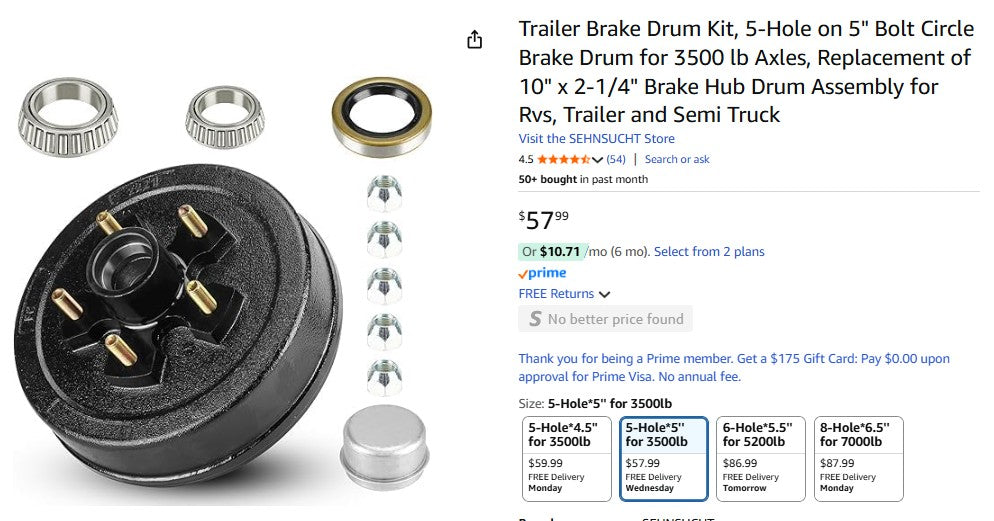 Trailer Brake Drum Kit, 5-Hole on 5" Bolt Circle Brake Drum for 3500 lb Axles