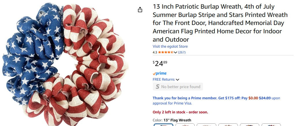 13 Inch Patriotic Burlap Wreath, 4th of July Summer Burlap Stripe and Stars Printed Wreath