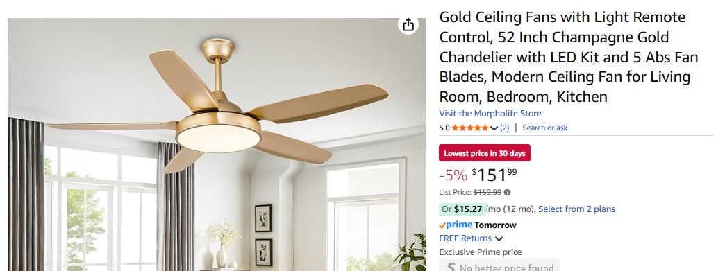 Gold Ceiling Fans with Light Remote Control, 52 Inch Champagne Gold Chandelier with LED Kit