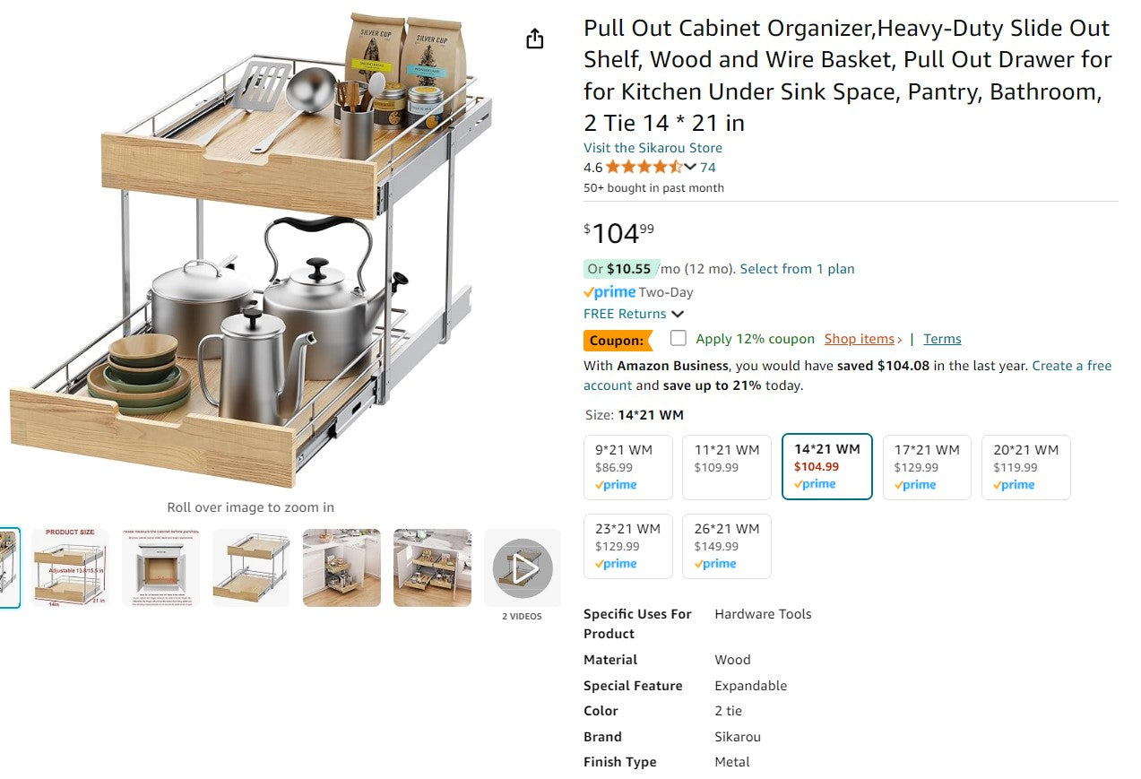 Pull Out Cabinet Organizer, Heavy-Duty Slide Out Shelf, 15" x 21"