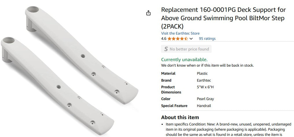 Replacement 160-0001PG Deck Support for Above Ground Swimming Pool BiltMor Step (2PACK)