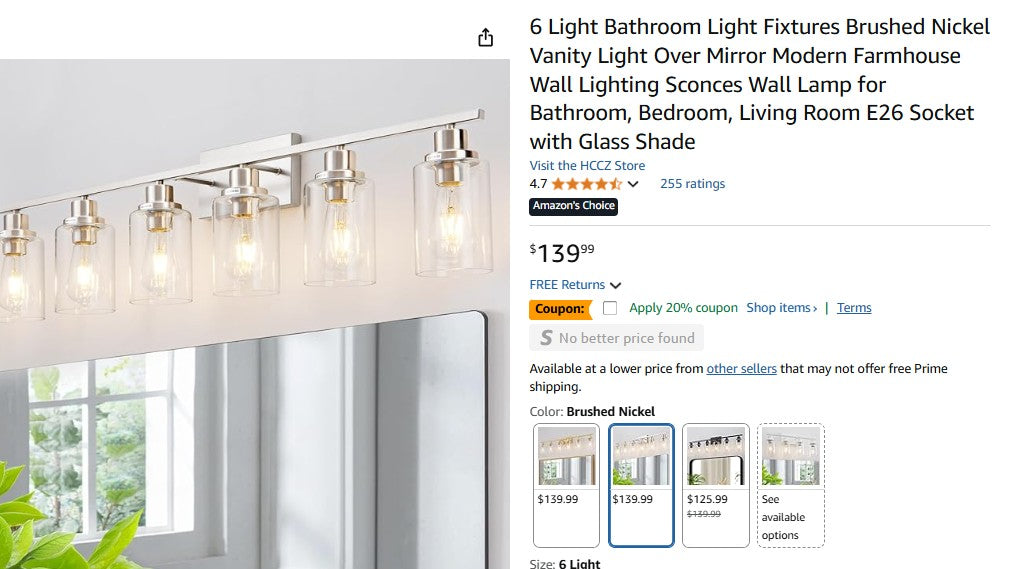 6 Light Bathroom Light Fixtures Brushed Nickel Vanity Light Over Mirror Modern Farmhouse